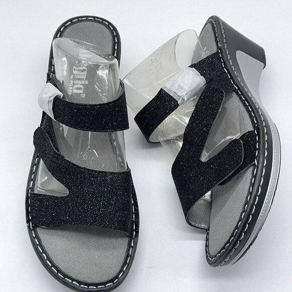 Alegria Sandals Loti Leather Triple Strap Wedge Glitteroti Black US 8 - 8.5 EU38 - Picture 4 of 8